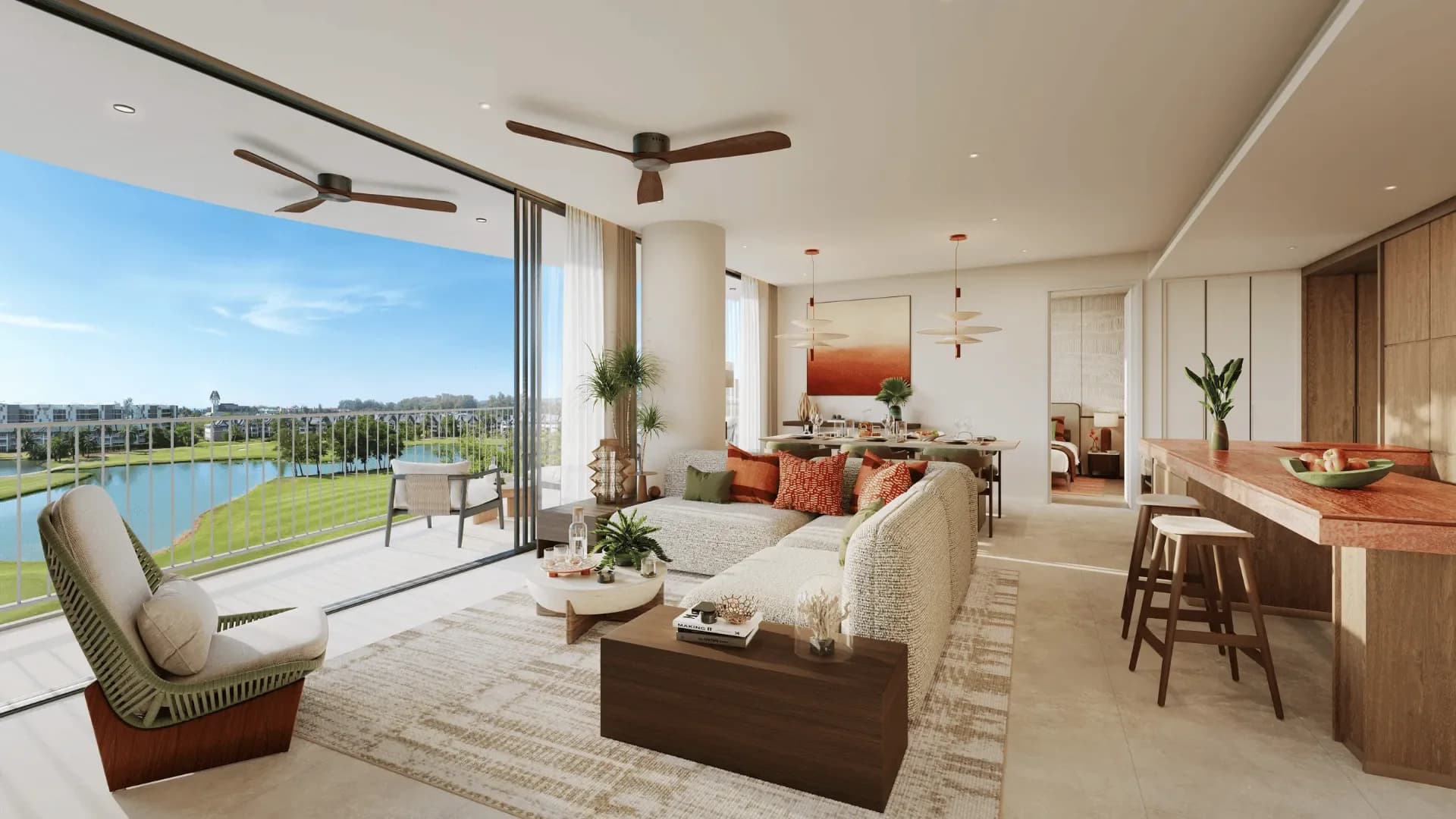 Two-bedroom living room opening to a terrace over the lake and the golf course