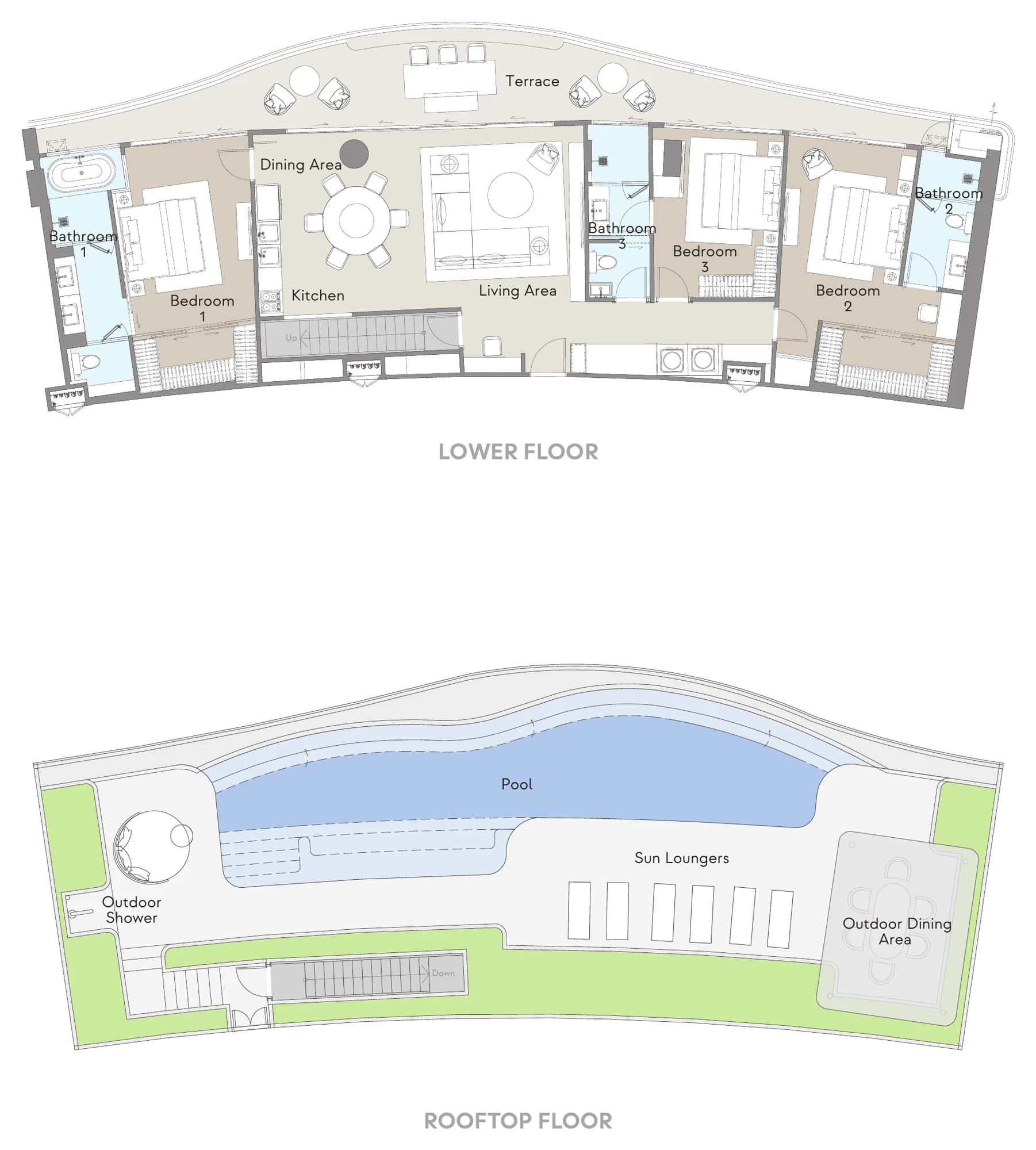 Floor plan 3D Penthouse: Internal 158 m² · terrace 40 m² · rooftop 119 m² · pool 57 m² · total 374 m²