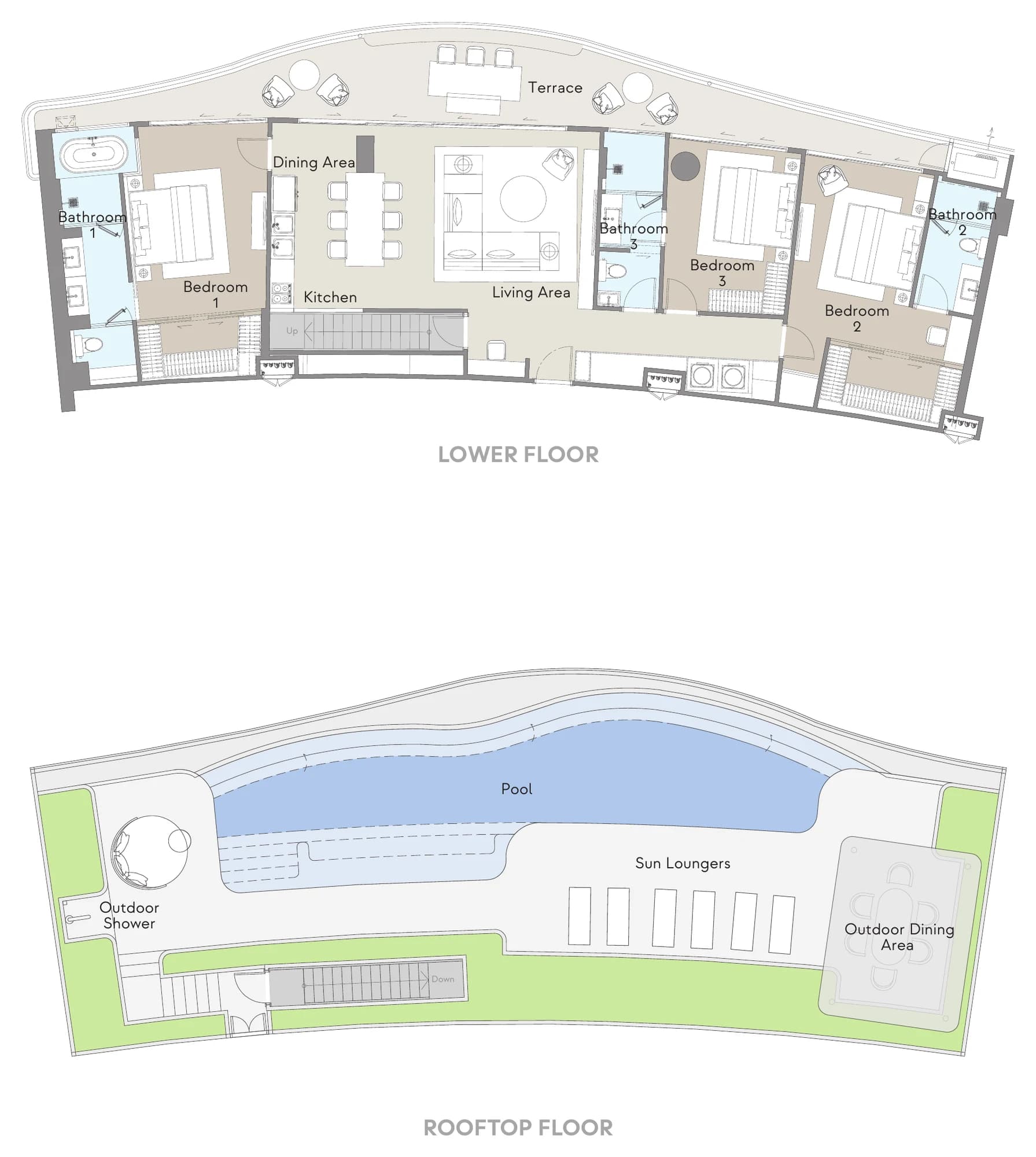 Floor plan 3E Penthouse: Internal 158 m² · terrace 40 m² · rooftop 122 m² · pool 54 m² · total 374 m²